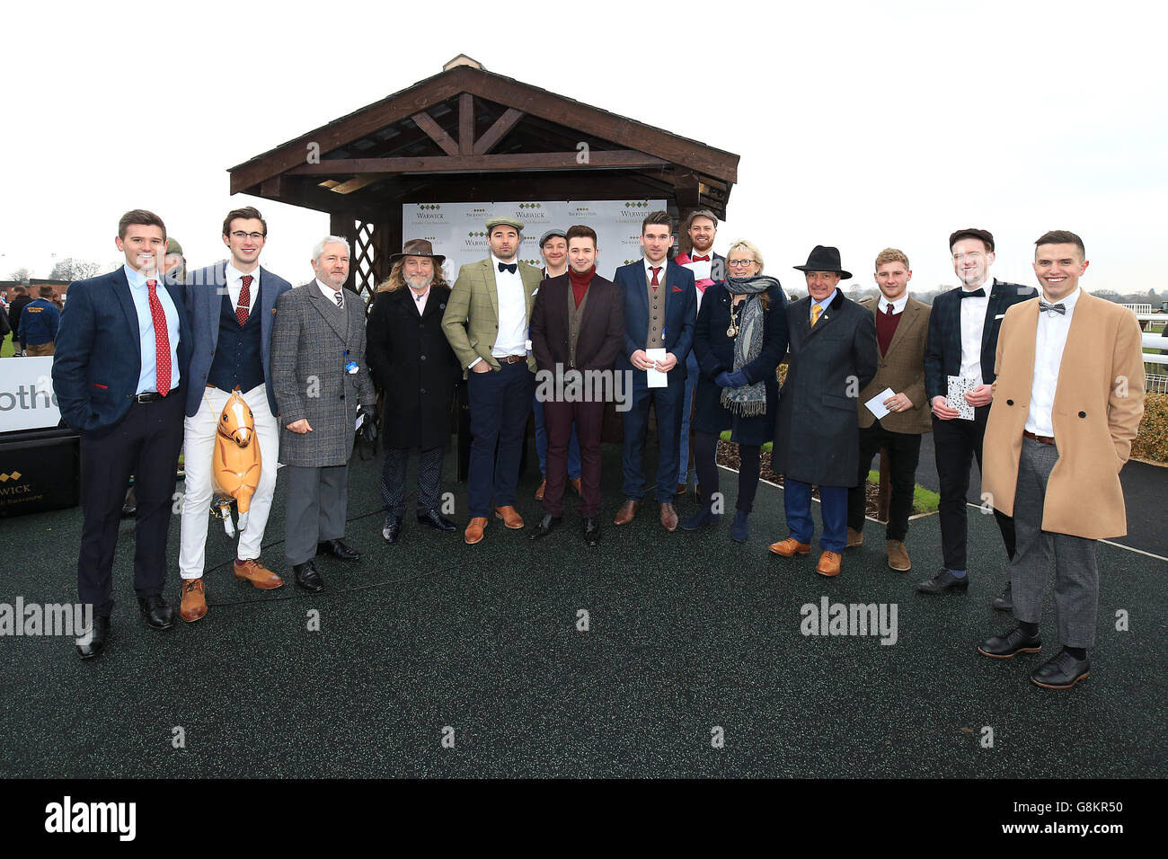 Gentlemen's and Kingmaker Chase Day - Warwick Racecourse. The finalists in the best dressed male competition during the Gentlemen's and Kingmaker Chase Day at Warwick racecourse. Stock Photo