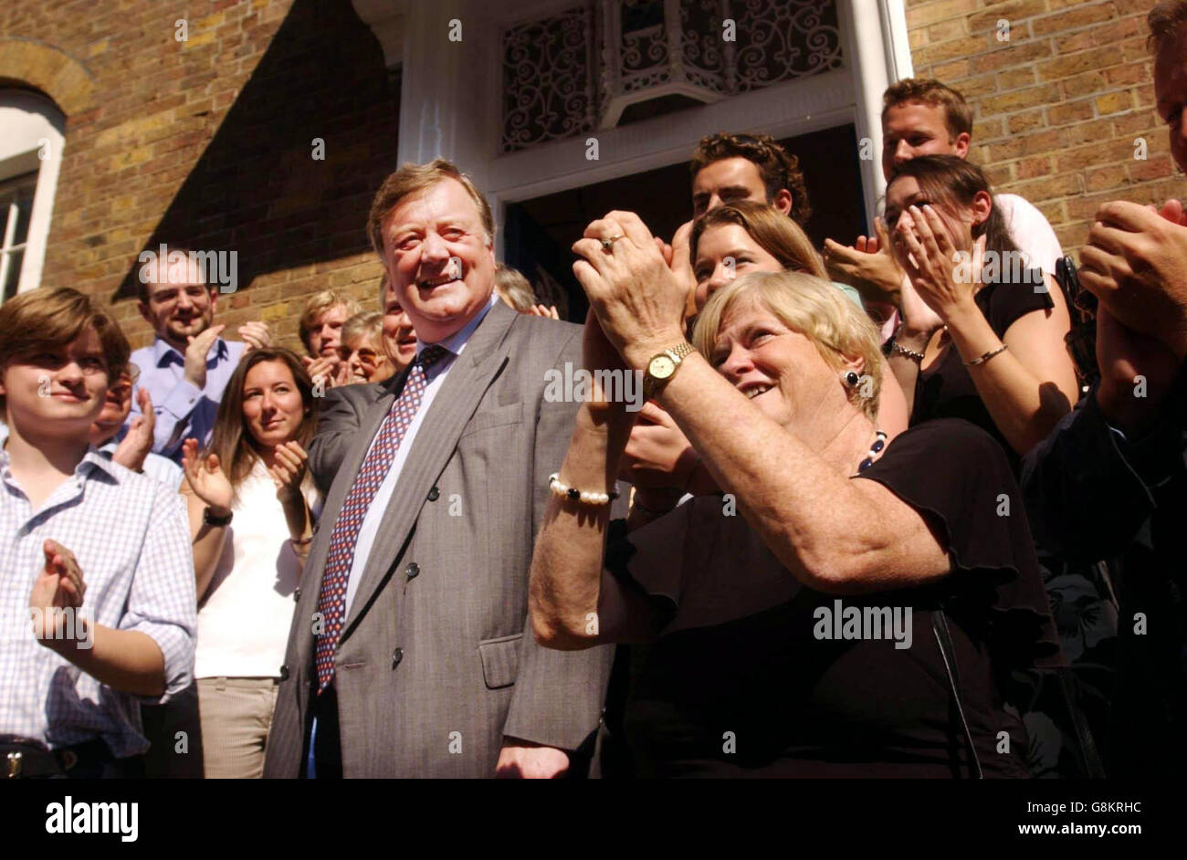 Conservative MP Ken Clarke receives the applause of his supporters as he stands on the steps of the St. Stephens Club, in London, Wednesday August 31, 2005, as the former Chancellor formerly announces his intention to enter the race for the Conservative party leadership contest. See PA Story POLITICS Tories. PRESS ASSOCIATION Photo. Photo credit should read: Chris Young/PA Stock Photo