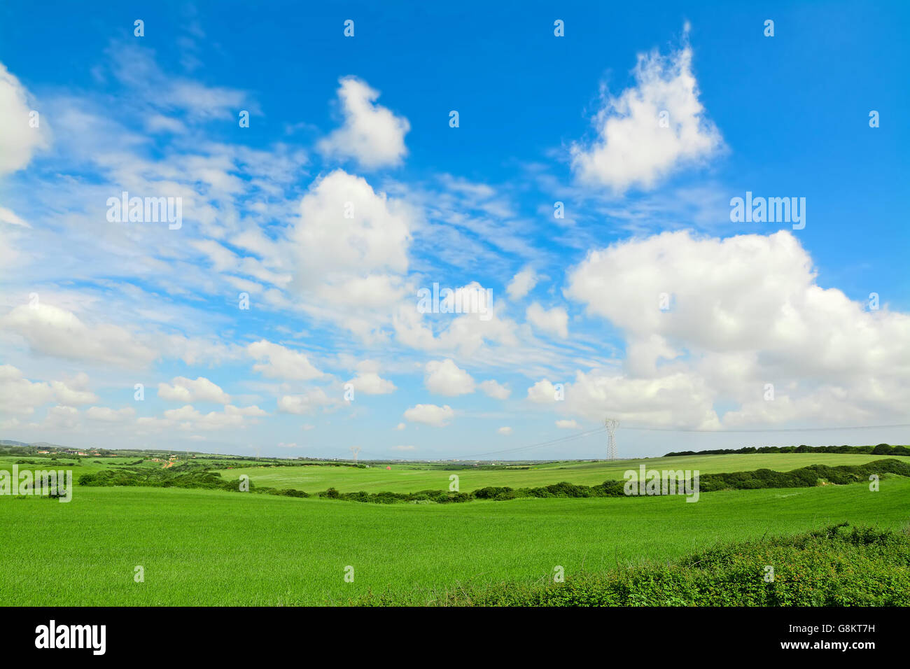 green field under a blue cloudy sky Stock Photo - Alamy