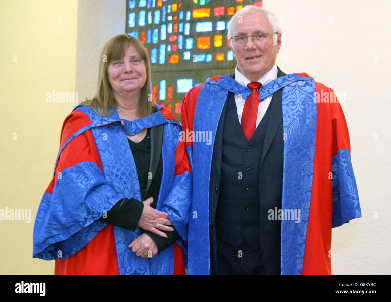 Hillsborough campaigners Margaret Aspinall and Trevor Hicks at Liverpool Hope University where she received an Honorary degree. Stock Photo