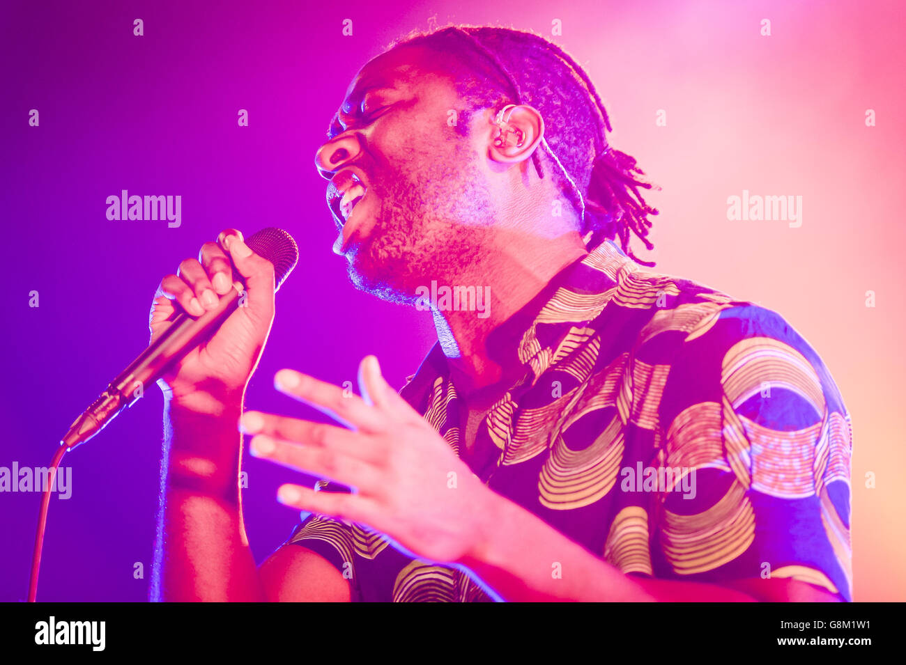 Lead singer and guitarist of Bloc Party, Kele Okereke, performs on stage at O2 Academy, Bristol in the NME Awards Tour 2016. Stock Photo