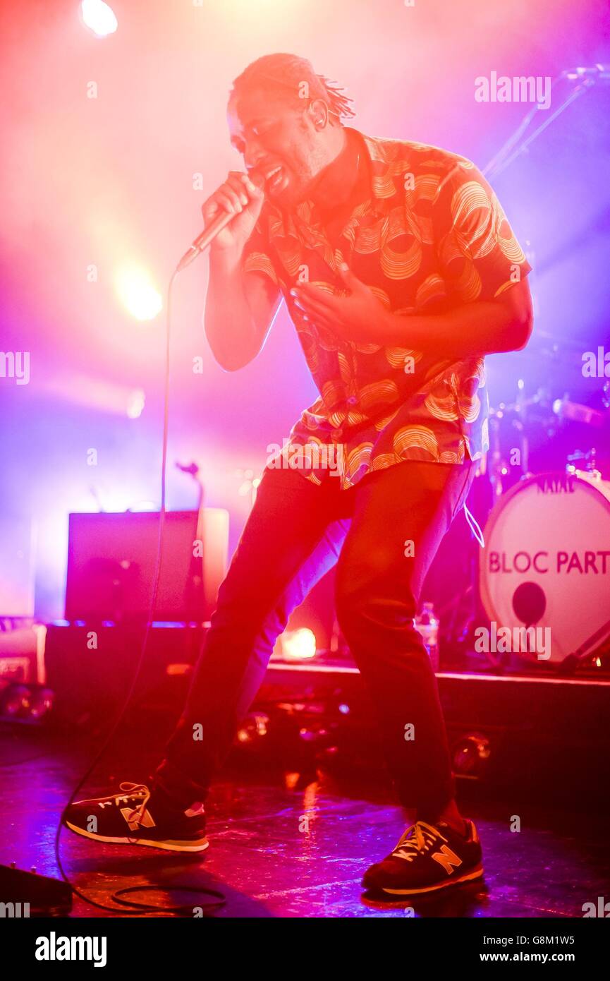 Lead singer and guitarist of Bloc Party, Kele Okereke, performs on stage at O2 Academy, Bristol in the NME Awards Tour 2016. Stock Photo