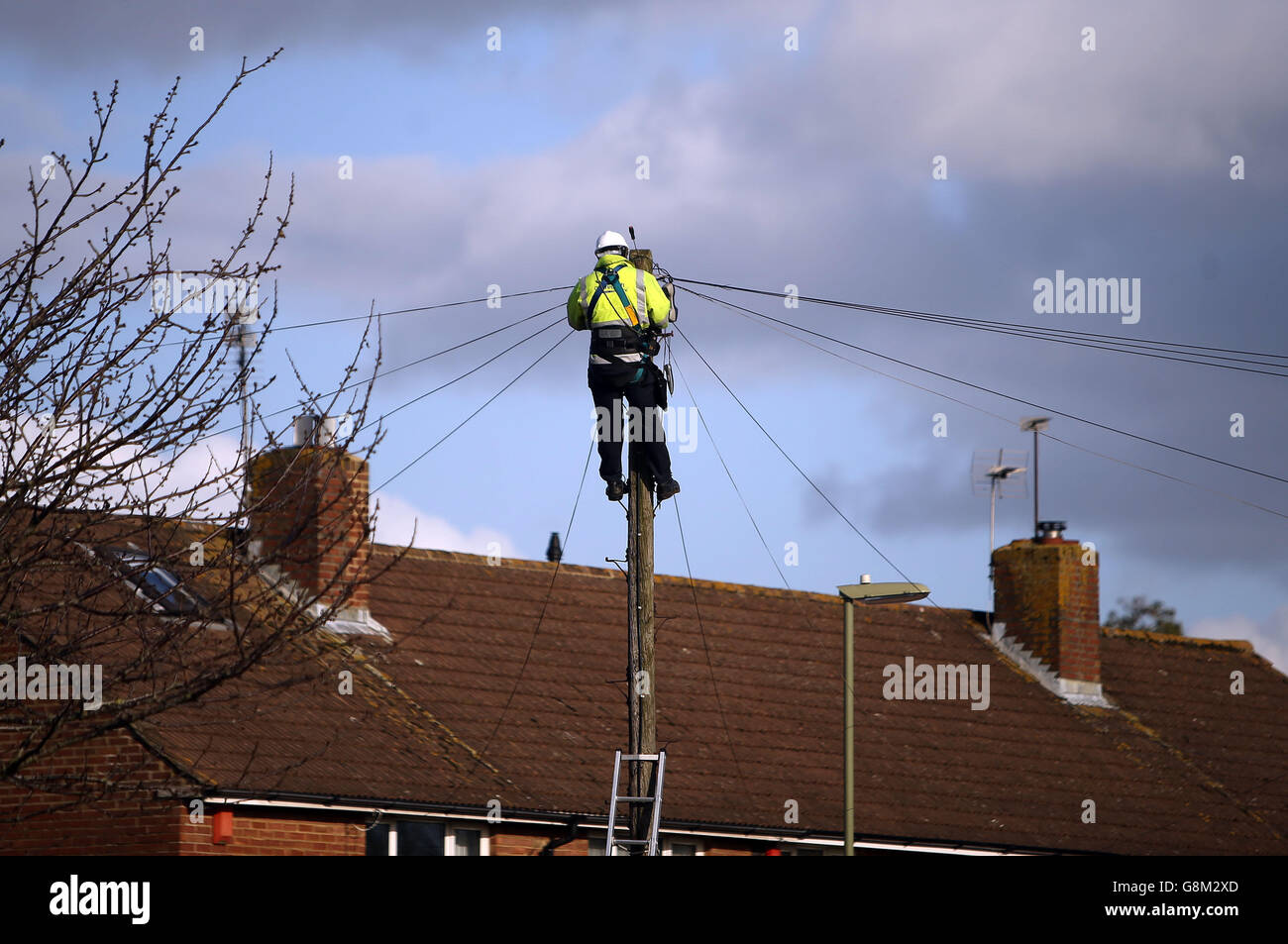 A BT Openreach engineer working on telephone lines in Havant, Hampshire