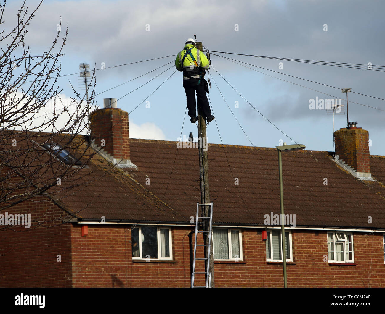 A BT Openreach engineer working on telephone lines in Havant, Hampshire