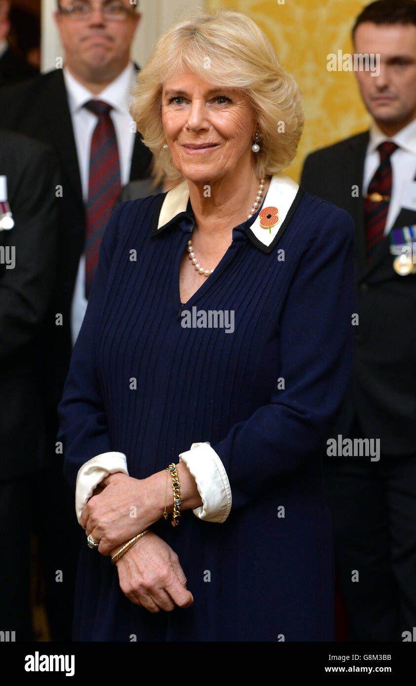 The Duchess of Cornwall speaks to guests as she attends a reception, in ...
