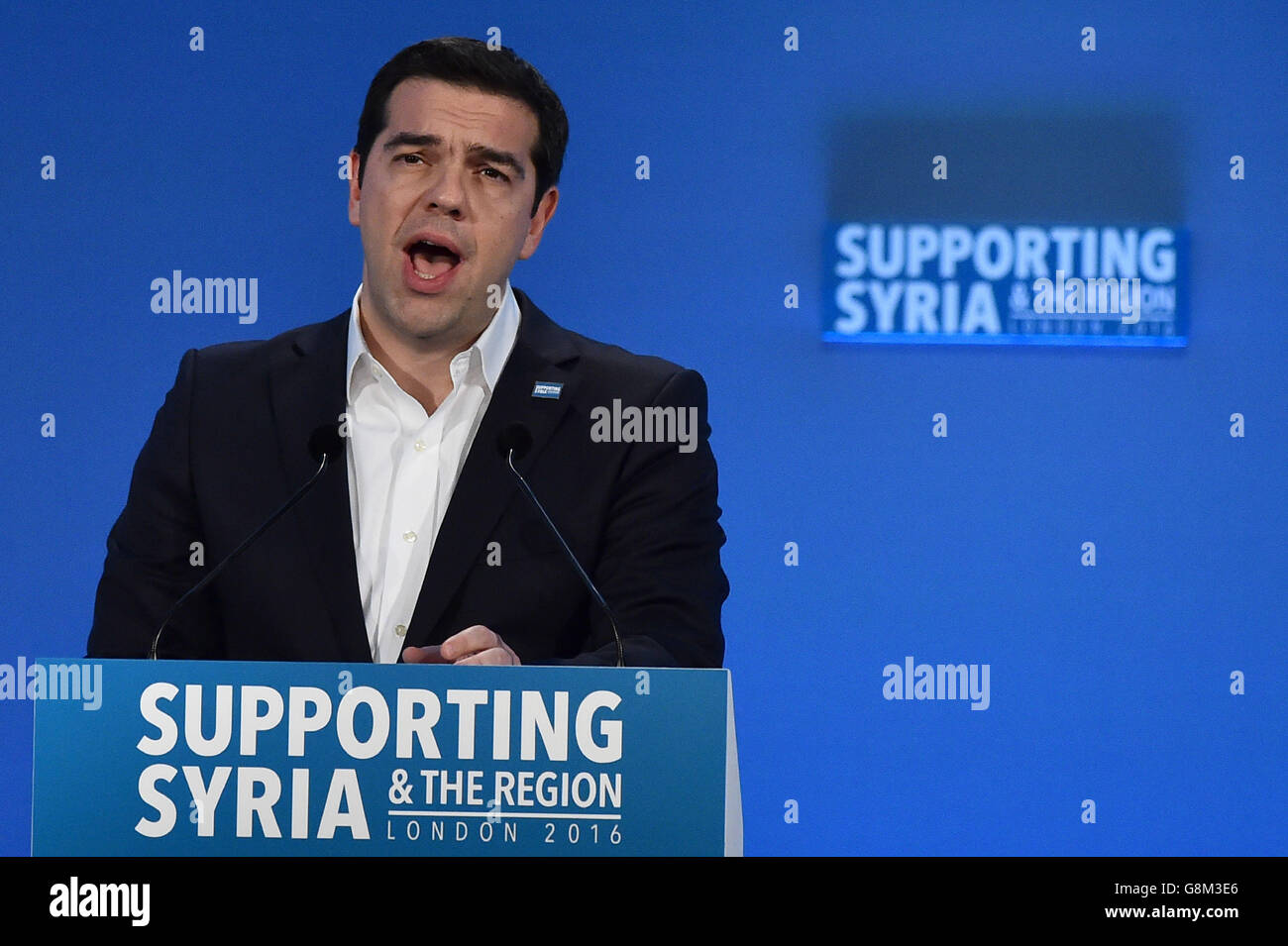 Greek Prime Minister Alexis Tsipras during the 'Supporting Syria and the Region' conference at the Queen Elizabeth II Conference Centre in London. Stock Photo