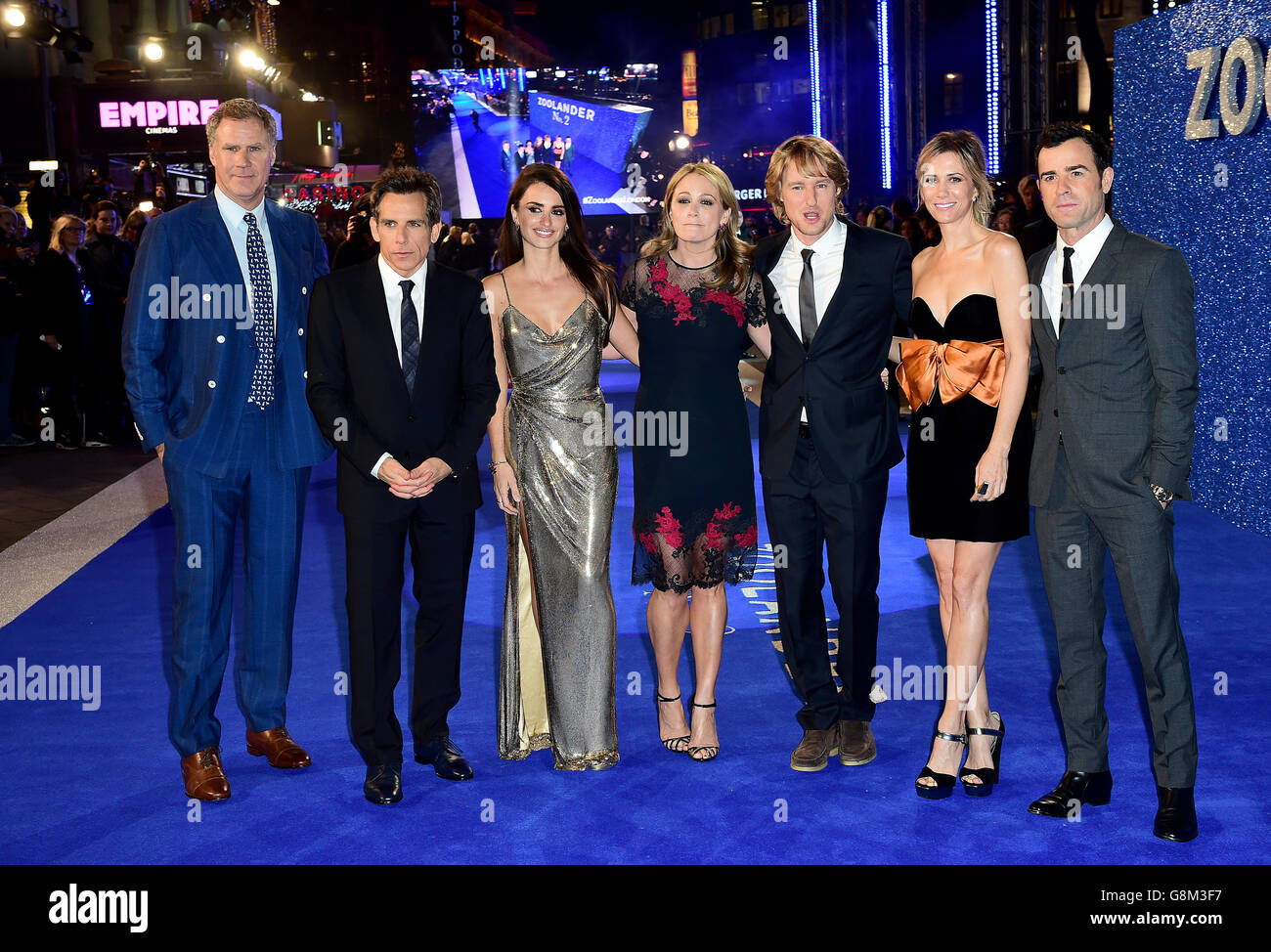 Will Ferrell, Ben Stiller, Penelope Cruz, Christine Taylor, Owen Wilson, Kristen Wiig and Justin Theroux attending the Zoolander 2 UK premiere, held at the Empire, Leicester Square, London. PRESS ASSOCIATION Photo. Picture date: Thursday February 4, 2016. Photo credit should read: Ian West/PA Wire Stock Photo