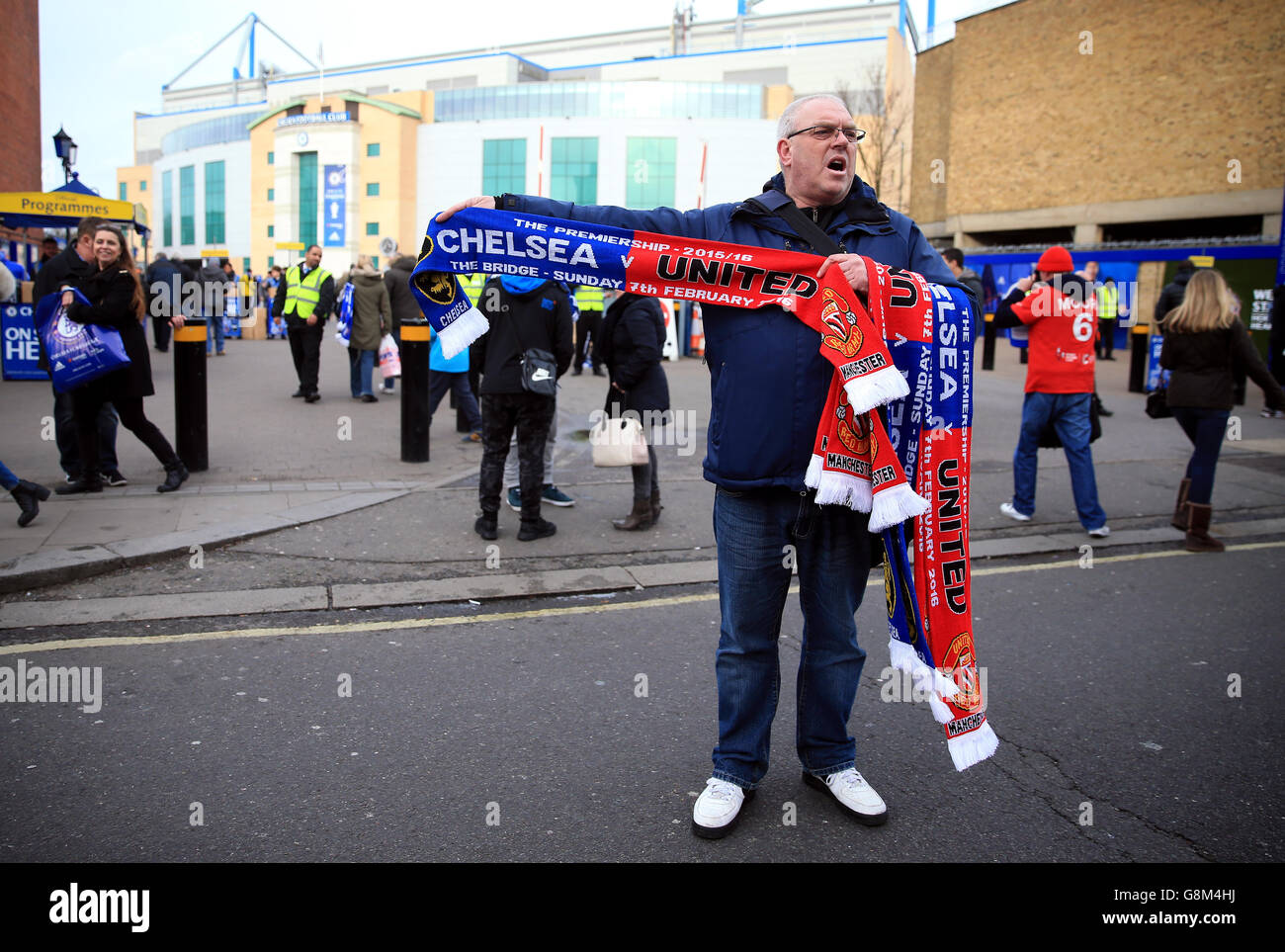 Half and half match scarves for sale before the Barclays Premier League match at Stamford Bridge, London. Stock Photo