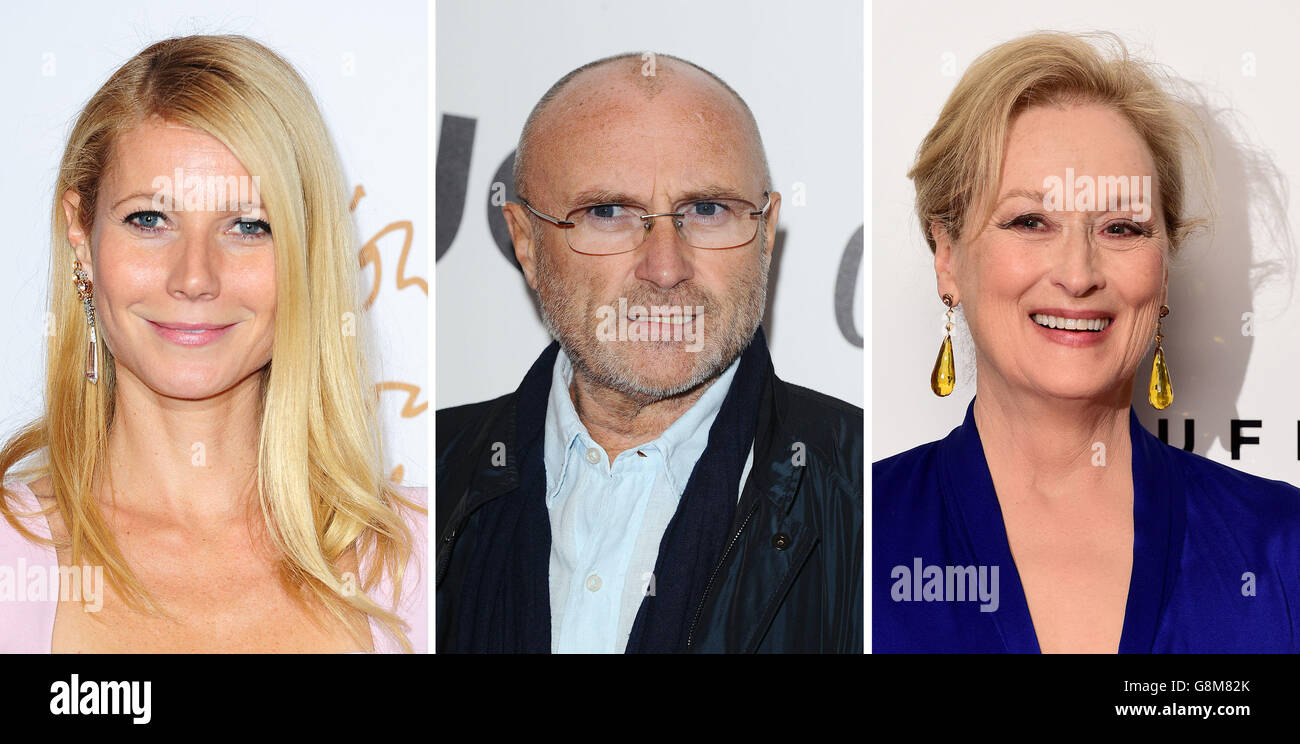 File photos of (from the left) Gwyneth Paltrow, Phil Collins and Meryl ...