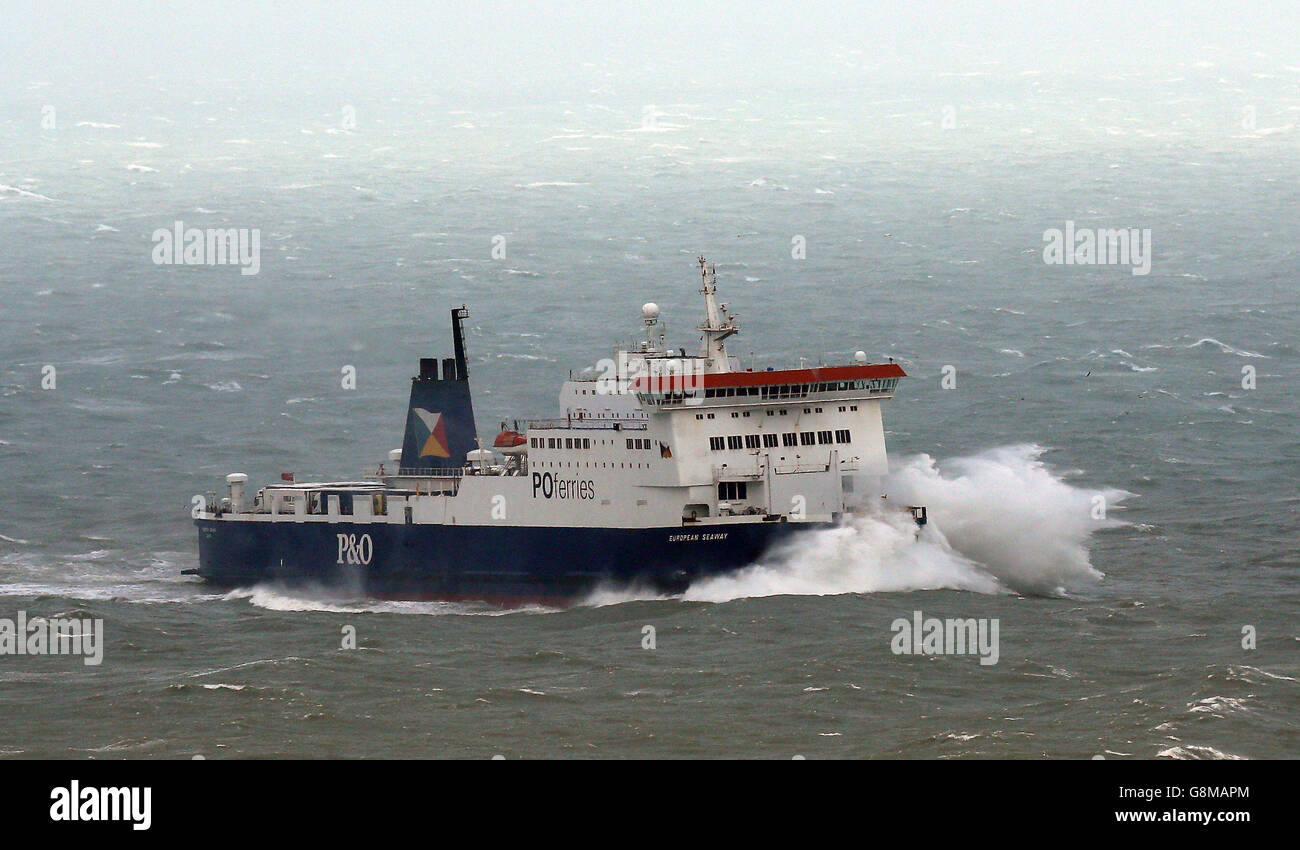A P&O European Seaway ferry is battered by waves as it arrives at the