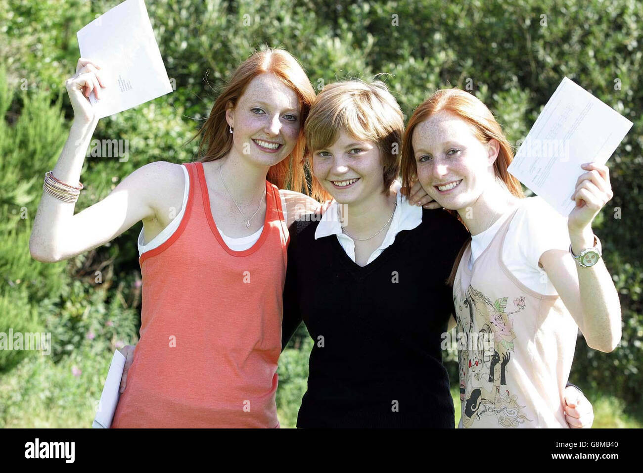 Eighteen-year-old triplets (L-R) Ali, Helen and Katie Prescott from Durham High School celebrate their A-Level passes, and now all plan to study medicine. Ali and Katie both achieved three A grades and sister Helen four A grades. Stock Photo