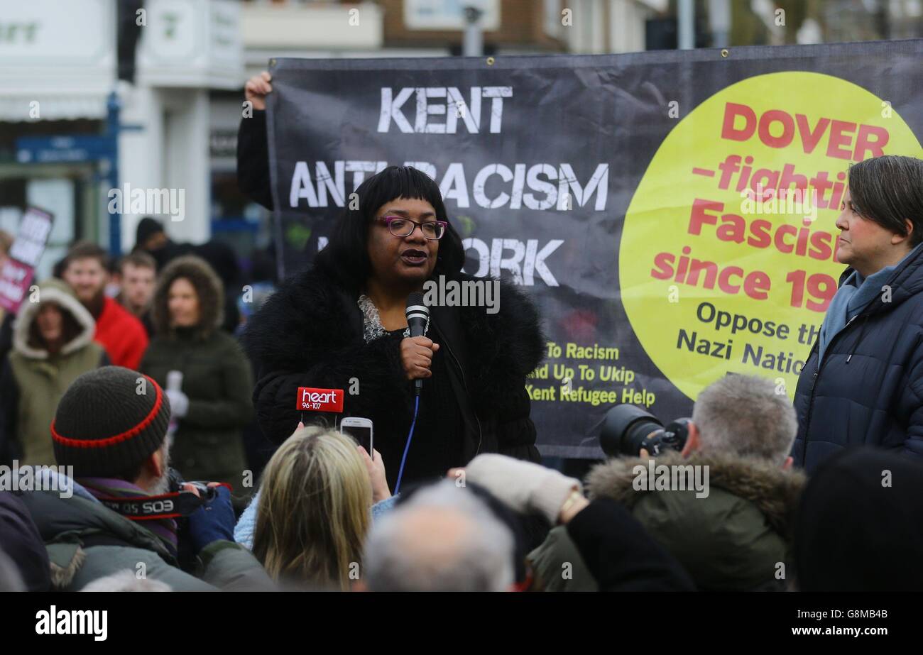 Diane Abbott MP makes a speech during a counter demonstration as far-right groups protest against immigration in Dover, Kent. Stock Photo