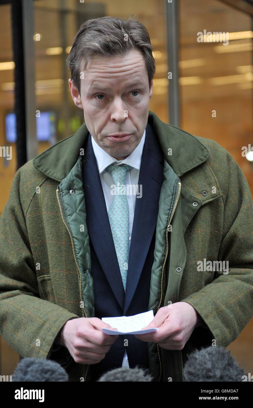 George Bingham, the only son of missing peer Lord Lucan, speaks to the media outside the High Court in London, where he was granted a death certificate by a High Court judge. Stock Photo