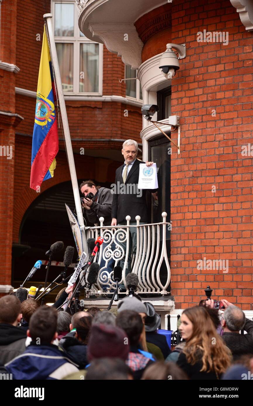 WikiLeaks founder Julian Assange speaking from the balcony of the Ecuadorian Embassy in London where he has been living for more than three years after the country granted him political asylum. Stock Photo