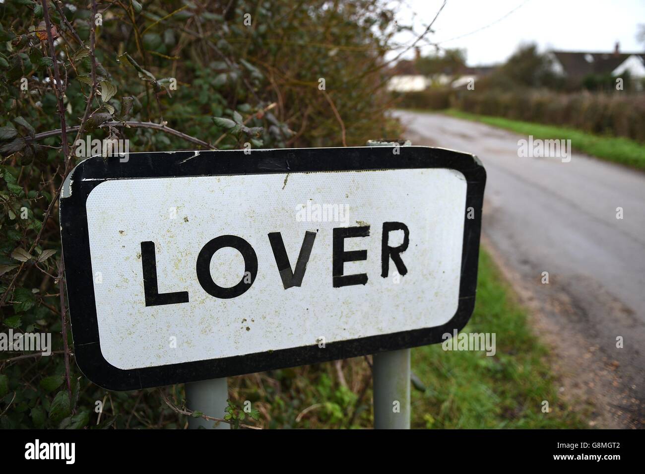 General view of a sign for Lover village in Wiltshire, as the residents have sent out a Valentine's Day plea for help in their bid to bring life back to their rural home. Stock Photo