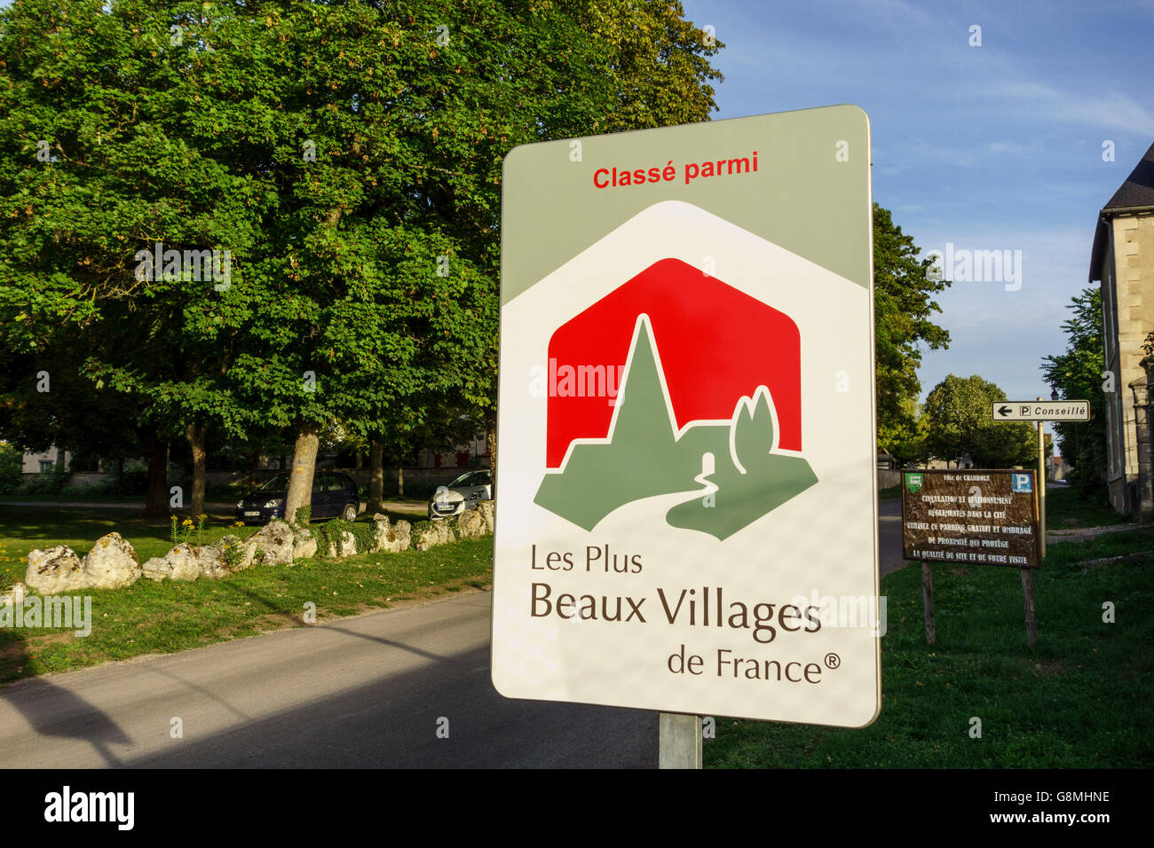 The sign says this village is listed as one of the most beautiful villages in France Stock Photo