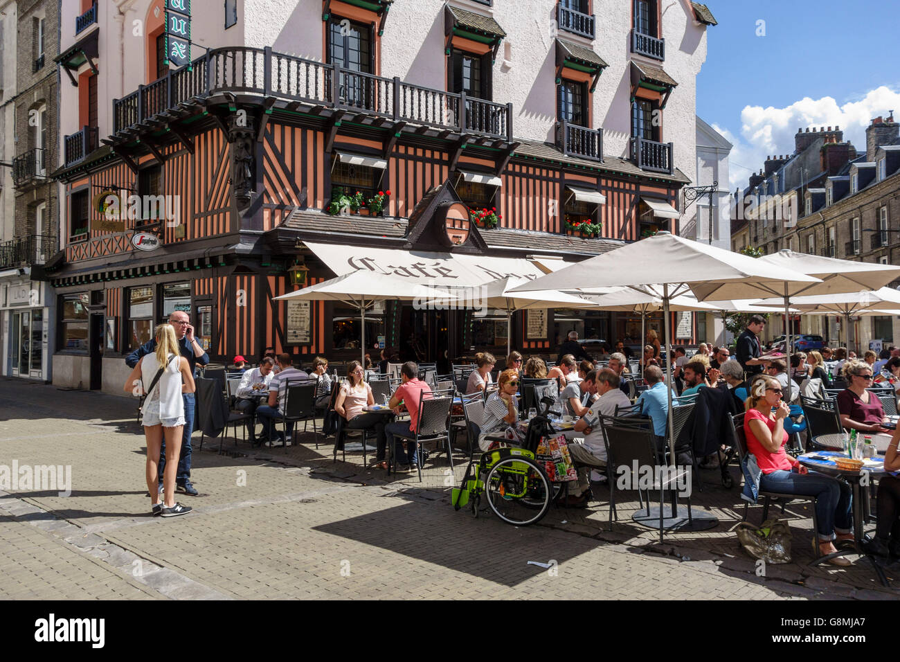 People enjoying sunnsy summer day in pavement cafes, Dieppe, Seine Maritime, Haute Normandie, France Stock Photo