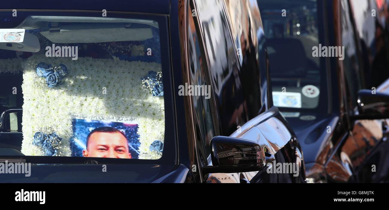 Floral tributes at the funeral of David Byrne in Dublin, after he was shot dead during a boxing weigh-in at the Regency Hotel in the north of the city on Friday February 5 by a six strong gang, some armed with assault rifles. Stock Photo
