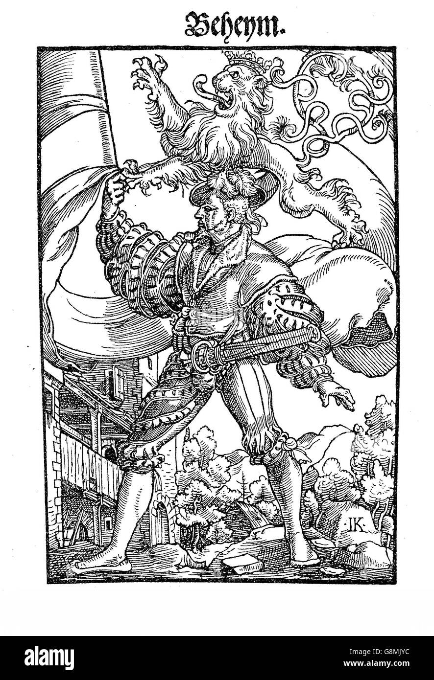 Year 1540,  standard bearer with the Bohemia kingdom flag Stock Photo