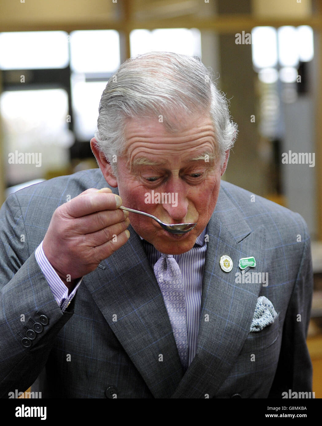 The Prince of Wales takes part in a tea tasting during his visit to the tasting rooms and cookery school at Taylors of Harrogate as part of his tour of the area. Stock Photo