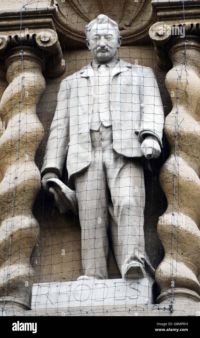 The statue of 19th century politician Cecil Rhodes on the front of Oriel College, Oxford which is the subject of a call by students in the city to be taken down, as it glorifies British colonialism. Stock Photo