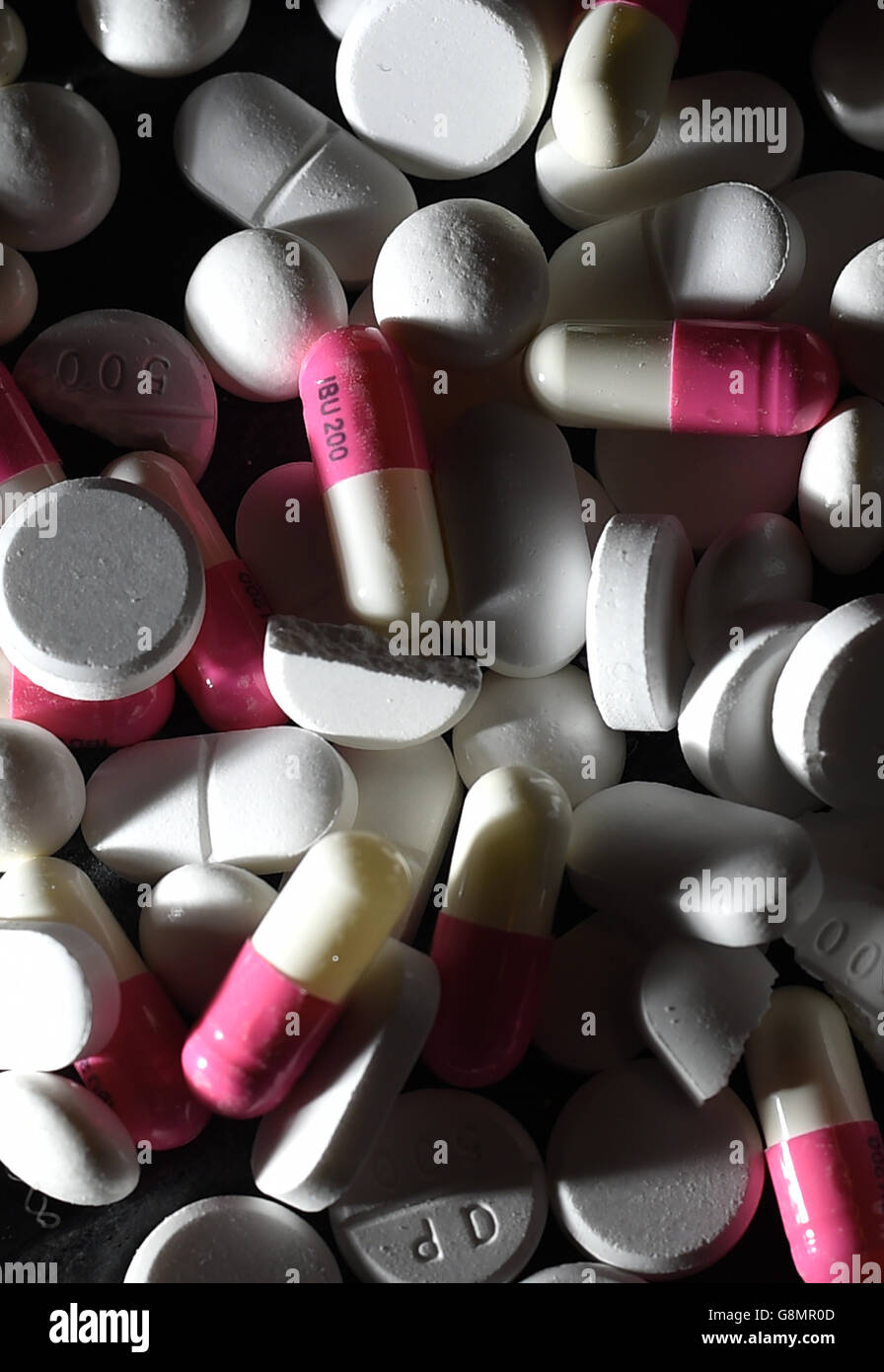 Stock photo of a mixture of Paracetamol and Ibuprofen tablets. Stock Photo