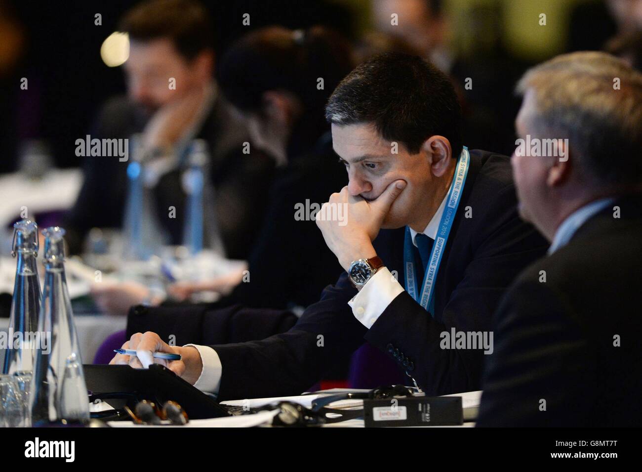 Former Foreign Secretary and President of the International Rescue Committee, David Miliband, attends a focus event at the 'Supporting Syria and the Region' conference at the Queen Elizabeth II Conference Centre in London. Stock Photo
