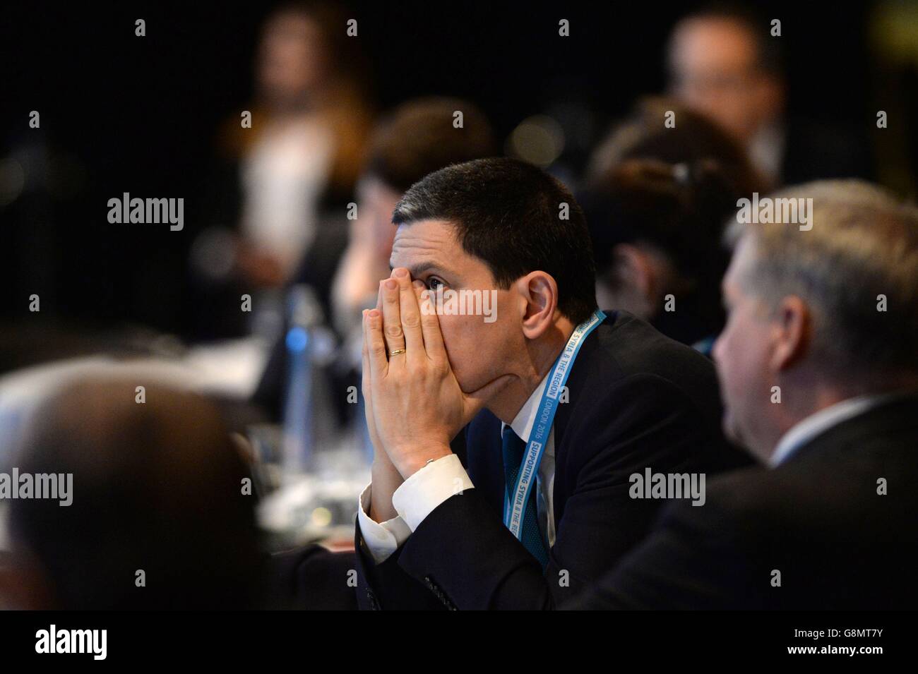 Former Foreign Secretary and President of the International Rescue Committee, David Miliband, attends a focus event at the 'Supporting Syria and the Region' conference at the Queen Elizabeth II Conference Centre in London. Stock Photo