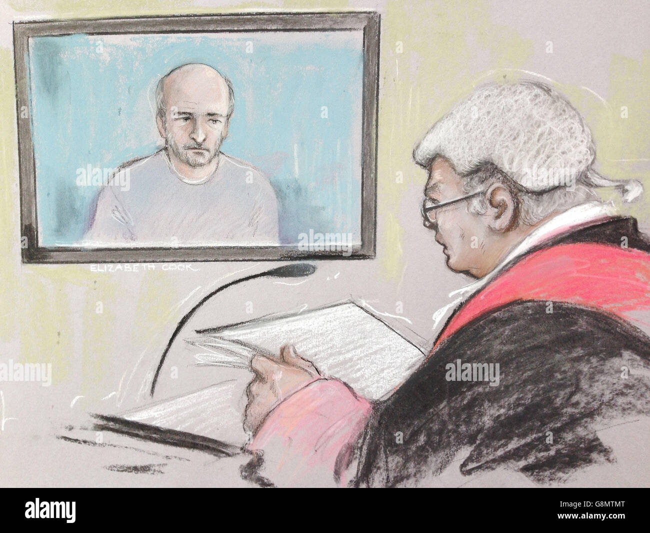 Court artist sketch by Elizabeth Cook of Edward Tenniswood appearing via videolink for a preliminary hearing at Northampton Crown Court, where he is charged for the murder of India Chipchase. Stock Photo