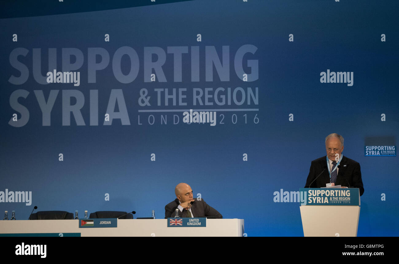 Swiss Federal President Johann Schneider-Ammann makes a pledge during the second co-host chaired thematic pledging session for jobs and economic development during the during the 'Supporting Syria and the Region' conference at the Queen Elizabeth II Conference Centre in London. Stock Photo