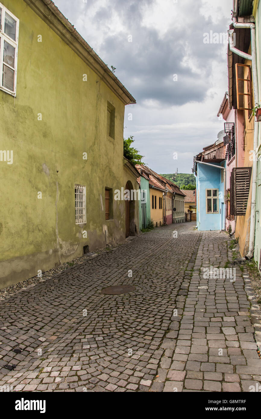 Street with traditional houses in Sighisoara, Romania Stock Photo Alamy
