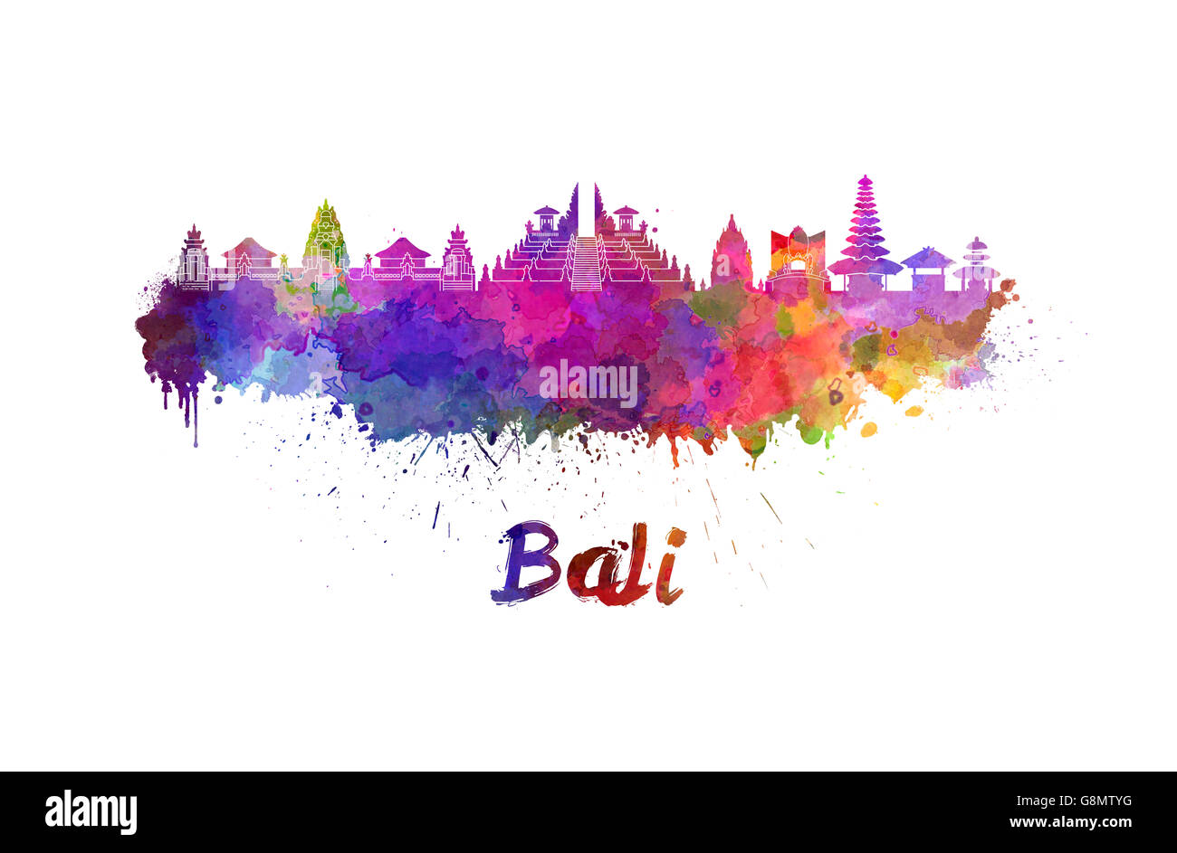 Bali skyline in watercolor splatters with clipping path Stock Photo