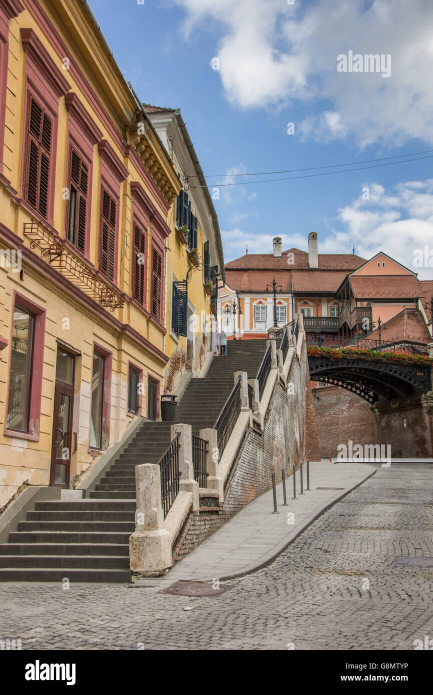 Stairs leading to the bridge of lies in Sibiu, Romania Stock Photo