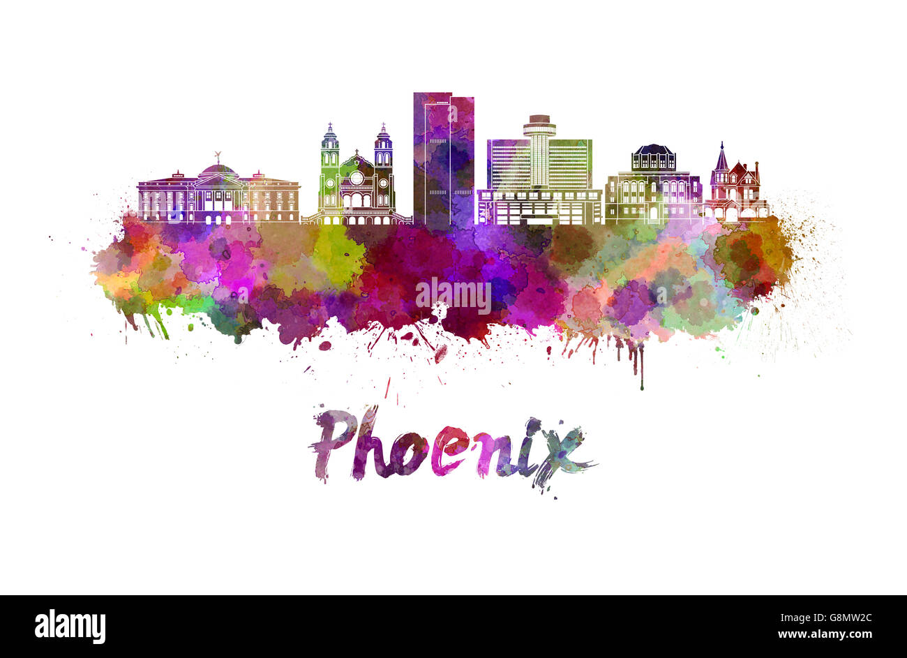 Phoenix skyline in watercolor splatters with clipping path Stock Photo