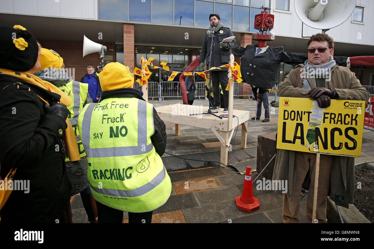 Anti-fracking protestors outside Bloomfield Road, the home of Blackpool football club in Lancashire, where the Planning Inspectorate inquiry was due to begin into the decision last June by Lancashire county councillors to reject proposals by energy firm Cuadrilla for exploratory drilliing for shale gas at two sites in Roseacre and Little Plumpton. Stock Photo