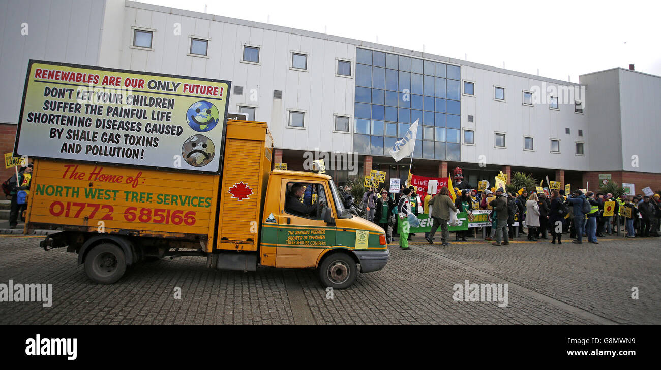 Anti-fracking protestors outside Bloomfield Road, the home of Blackpool football club in Lancashire, where the Planning Inspectorate inquiry was due to begin into the decision last June by Lancashire county councillors to reject proposals by energy firm Cuadrilla for exploratory drilliing for shale gas at two sites in Roseacre and Little Plumpton. Stock Photo