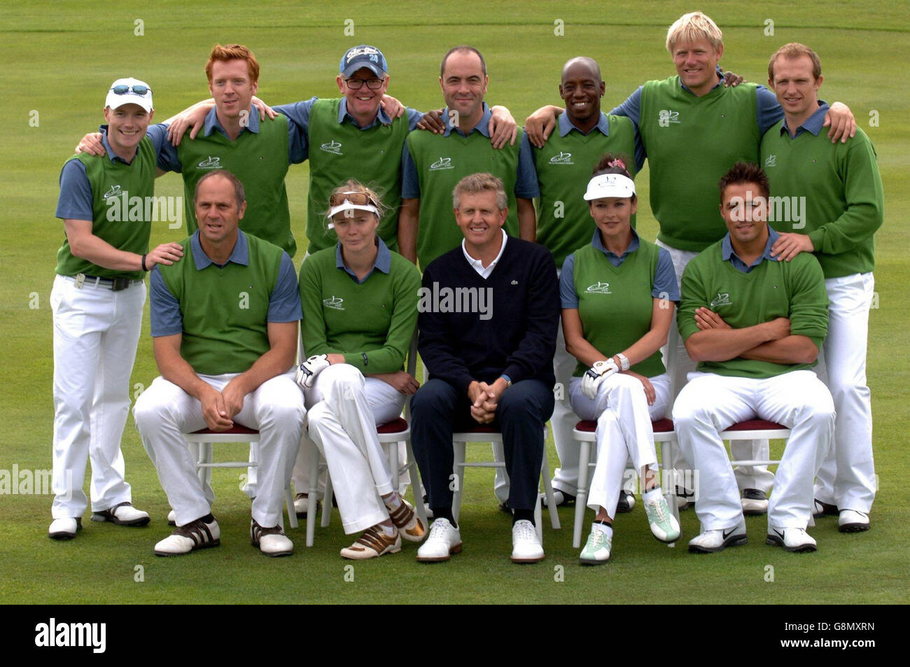 The European Team All Star Cup celebrity golf (Back row from left) Ronan Keating, Damian Lewis, Chris Evans, James Nesbitt, Ian Wright, Peter Schmeichel, Matt Dawson MBE, (front row) Sir Steve Redgrave, Jodie Kidd, captain Colin Montgomerie, Catherine Zeta-Jones and Gavin Henson prepare for the start of the All Star Cup celebrity golf tournament on Saturday 27 August 2005, which is being held at the Celtic Manor Resort near Newport, Wales. See PA story SHOWBIZ Golf. PRESS ASSOCIATION Photo. Photo credit should read: Steve Parsons/PA Stock Photo