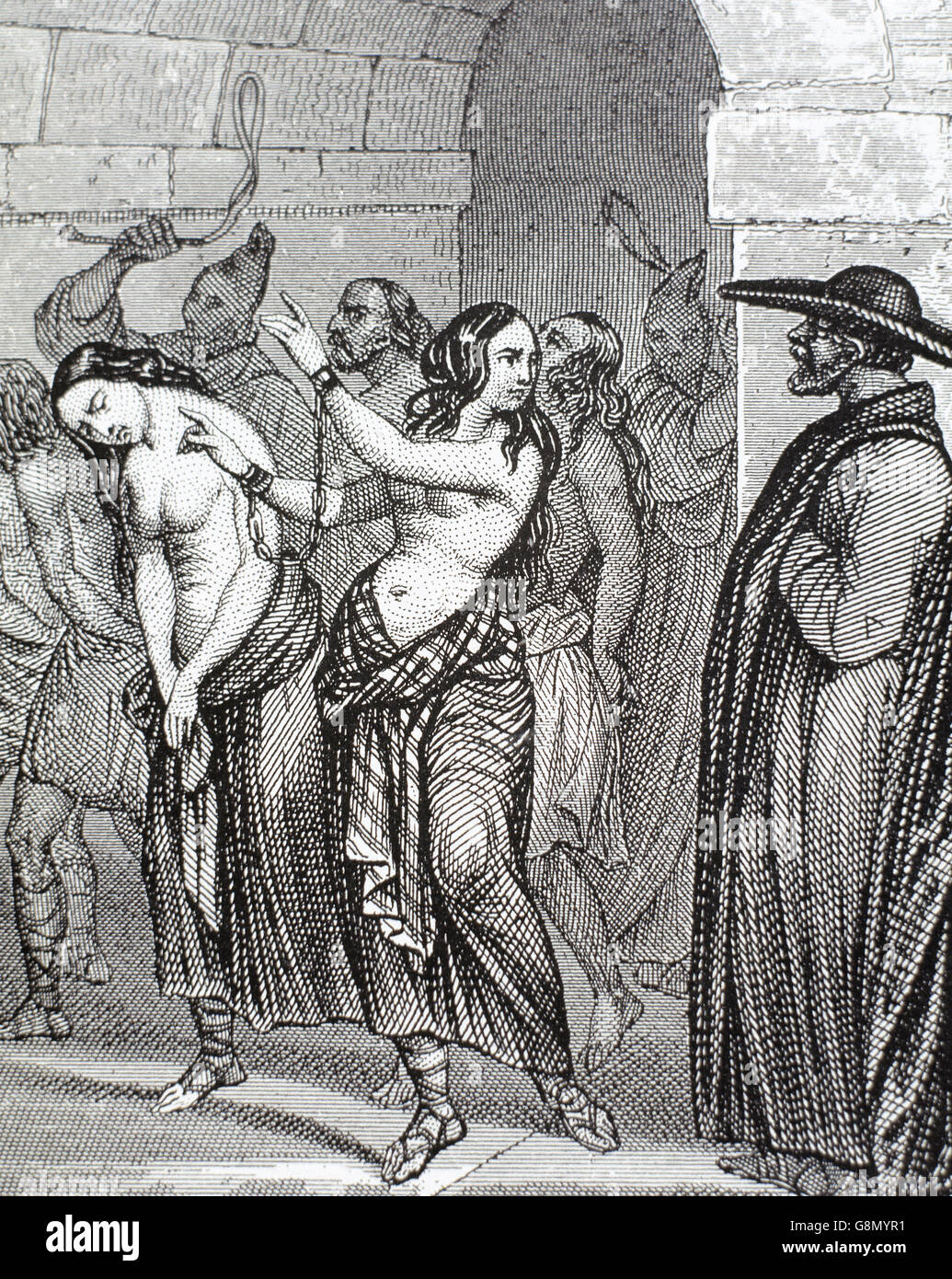 Middle Ages. Women accused of witchcraft leading to prison. Engraving, 19th century. Stock Photo