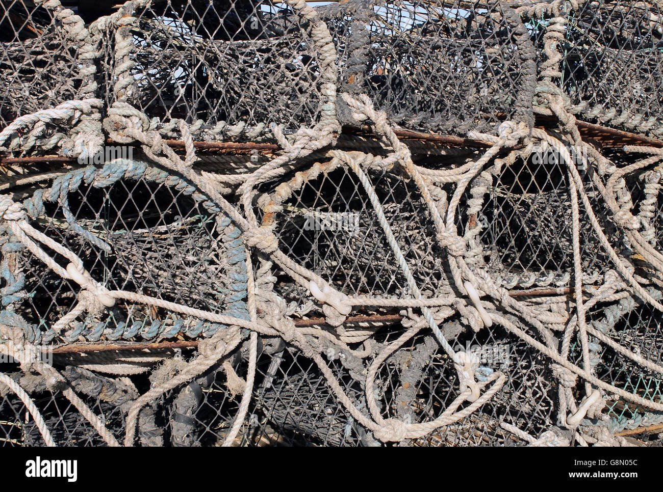 Background of lobster pots and creels. Stock Photo