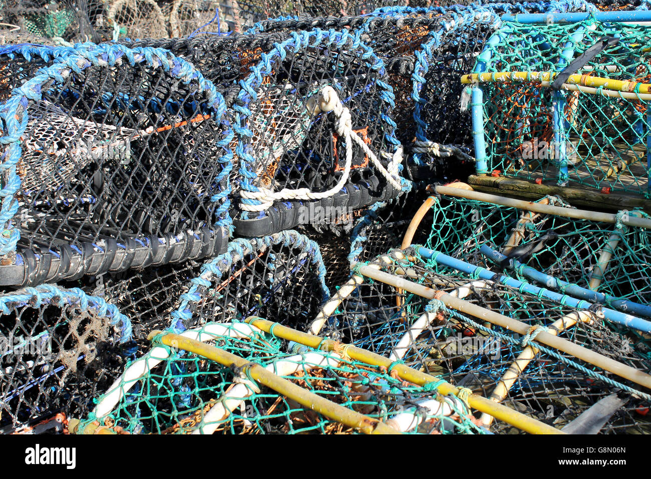 Stack of lobster pots and creels in Scarborough harbor. Stock Photo