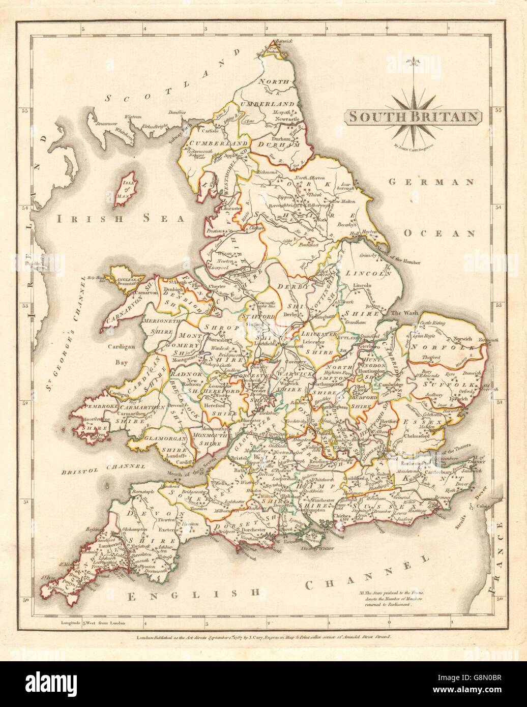 Antique map of SOUTH BRITAIN by JOHN CARY. Original outline colour, 1787 Stock Photo