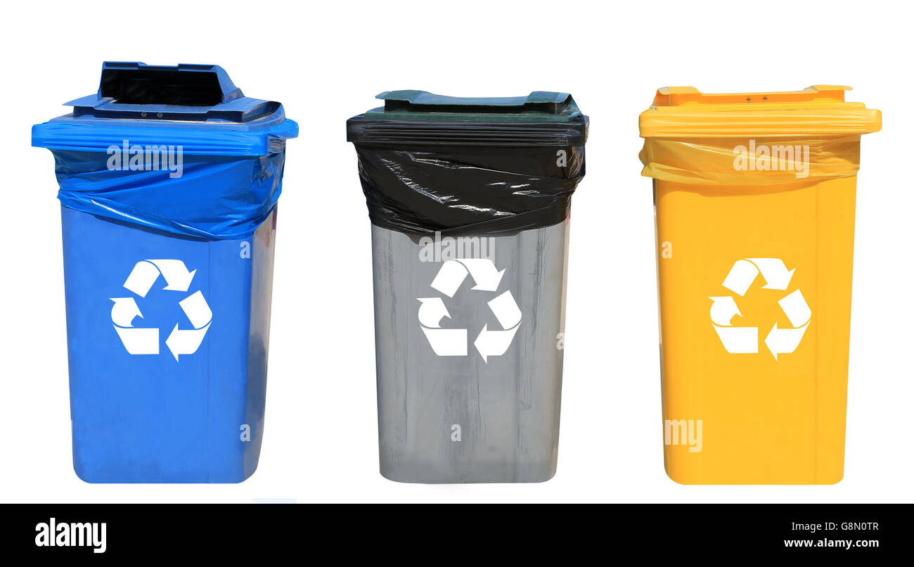 Set of blue, gray and yellow recycling bins on a white background Stock