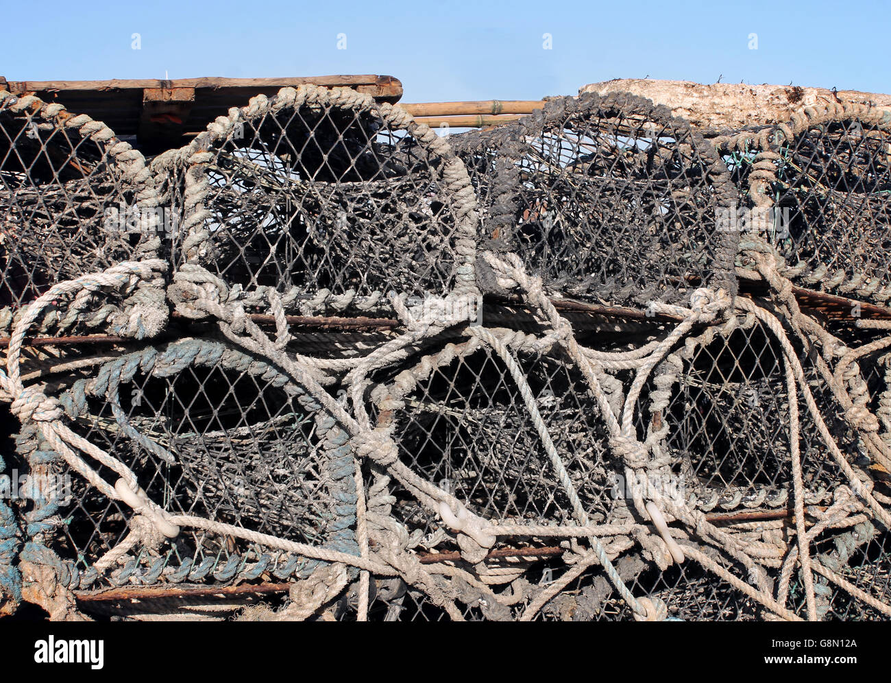Stack of old lobster pots, Scarborough, England. Stock Photo