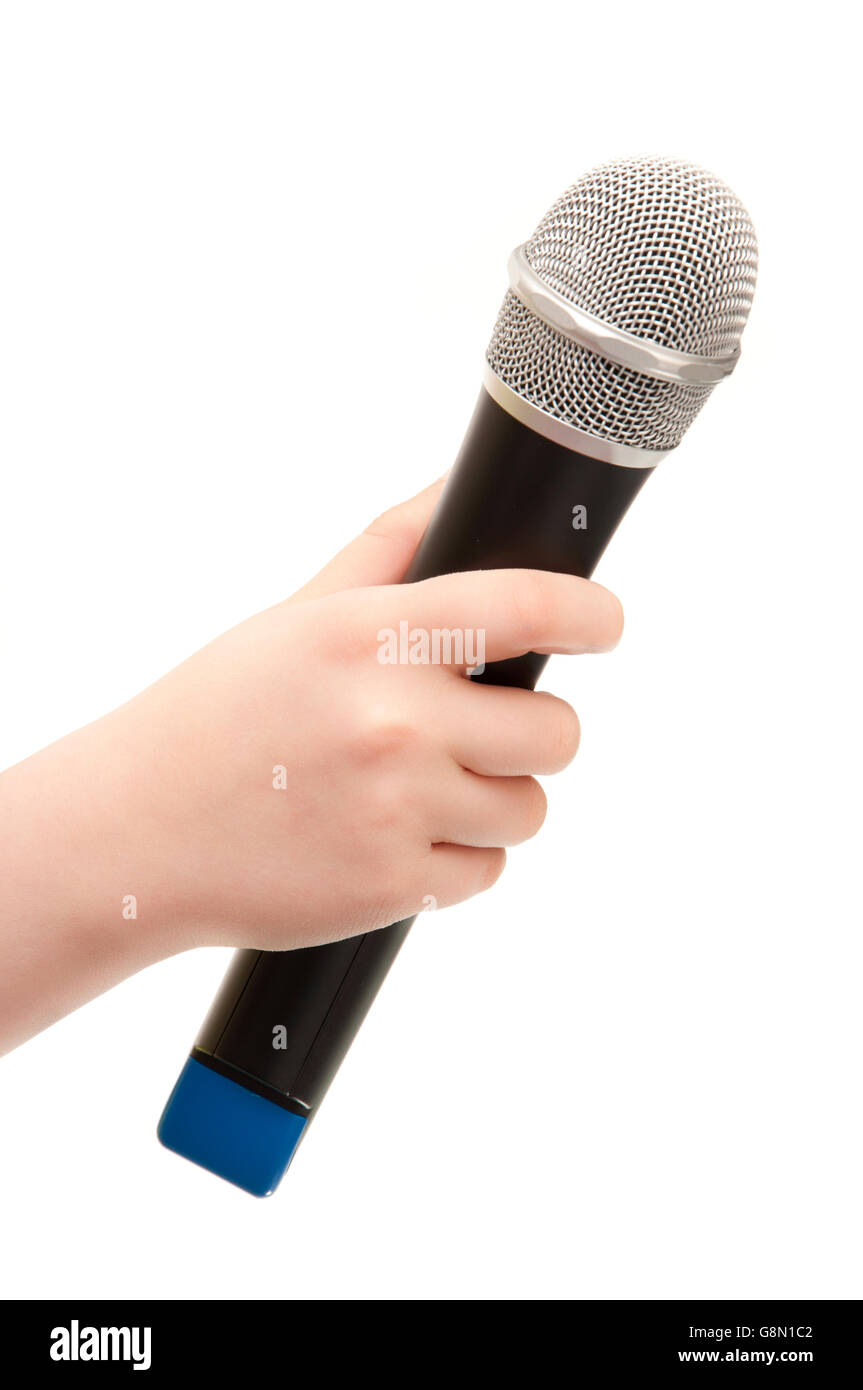 Hand with Microphone Isolated on White Background Stock Photo