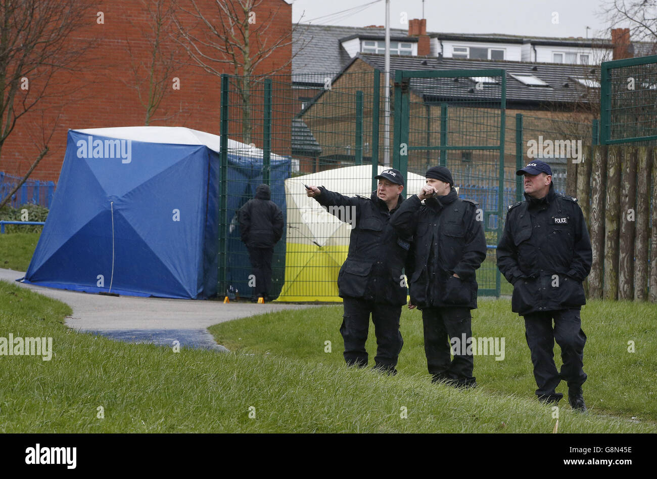 Police at a childrens play area in Rochdale where Jalal Uddin, 64, has died after being found with serious head injuries while on his way home from evening prayers. Stock Photo
