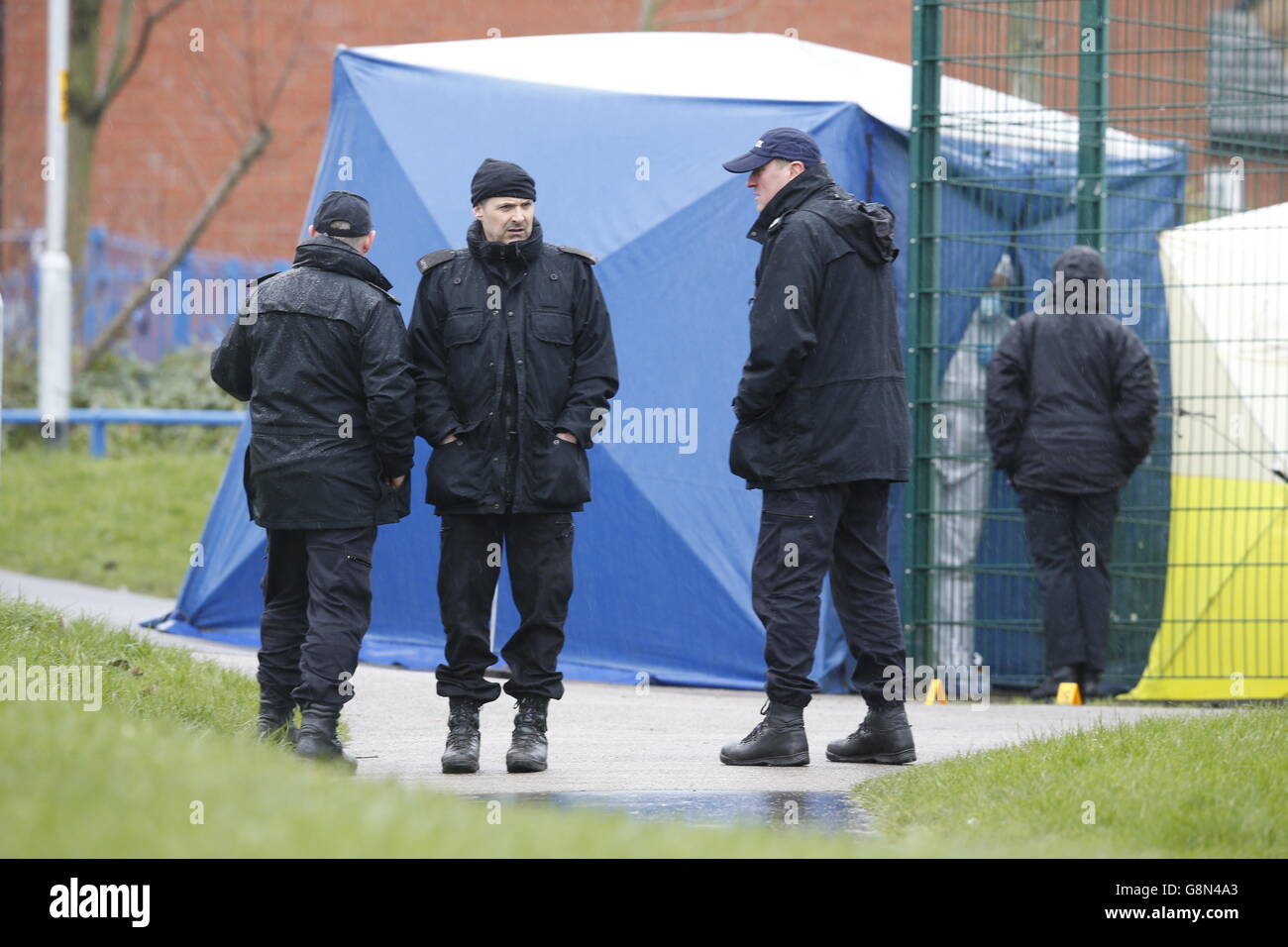 Police at a children's play area in Rochdale where Jalal Uddin, 64, has died after being found with serious head injuries while on his way home from evening prayers. Stock Photo