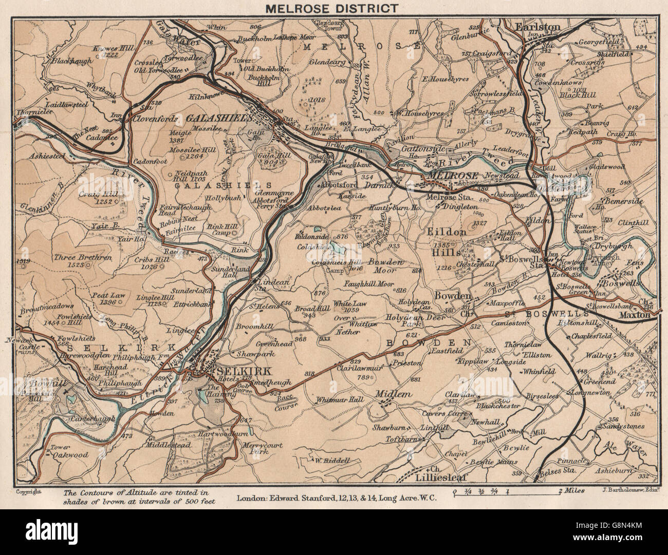 MELROSE DISTRICT. Selkirk Galashiels. Vintage map. Scotland. STANFORD