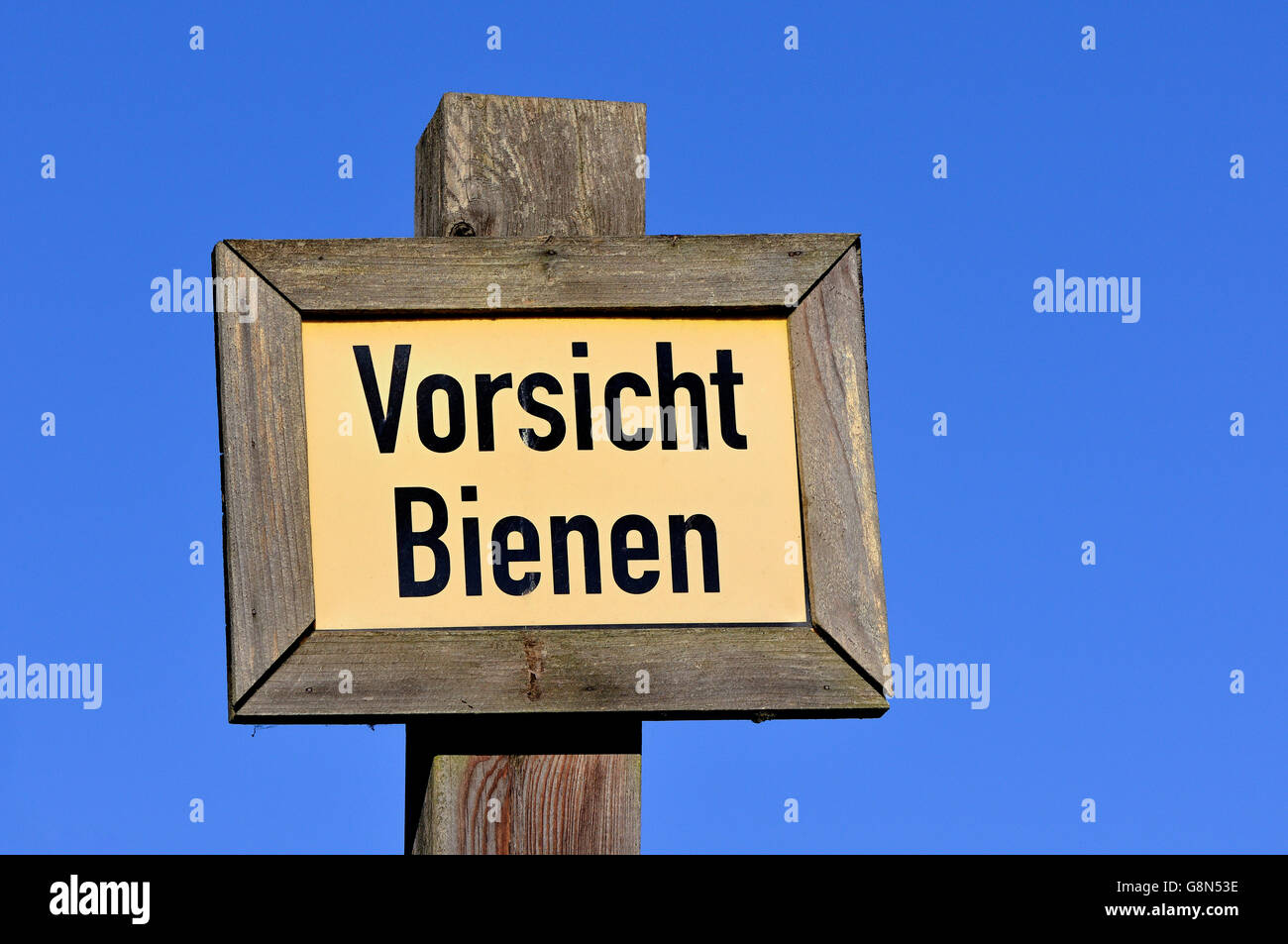 Warning sign, Vorsicht Bienen, caution bees, North Rhine-Westphalia, Germany Stock Photo