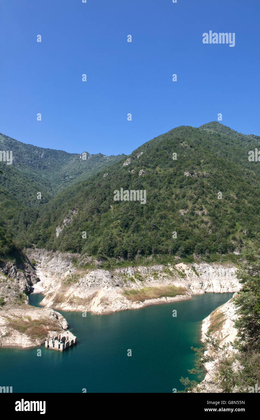 Valvestino lake, military barracks, flooded, Brescia, Lombardy, Italy, Europe Stock Photo