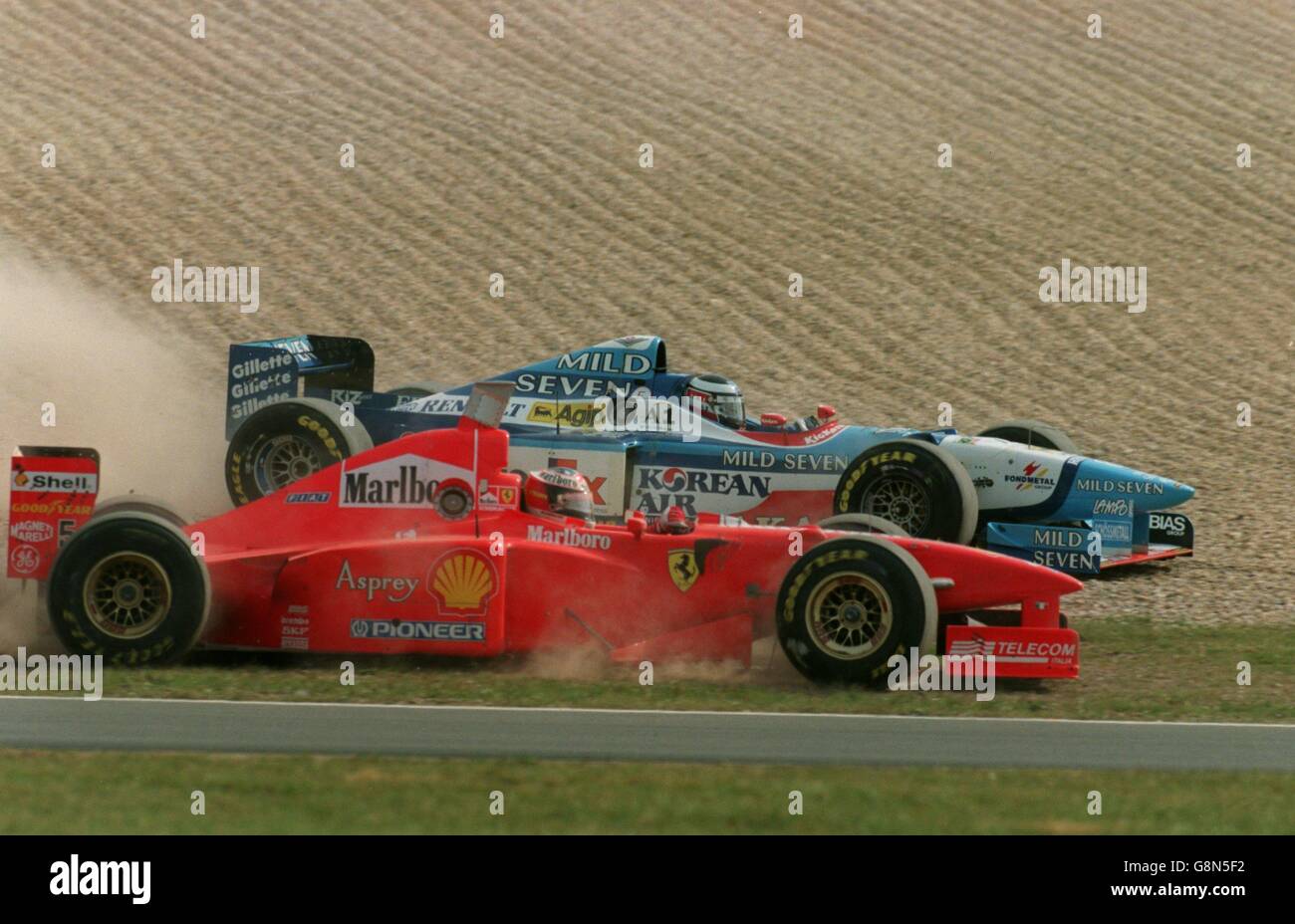 Michael Schumacher Front And Gerhard Berger Back Go Off The Track At The Start Of The Race Stock Photo Alamy